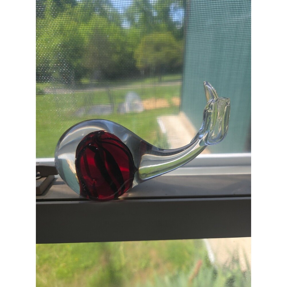 Vintage Art Glass Whale Paperweight Clear Red Black Stripes 5" Long Blown